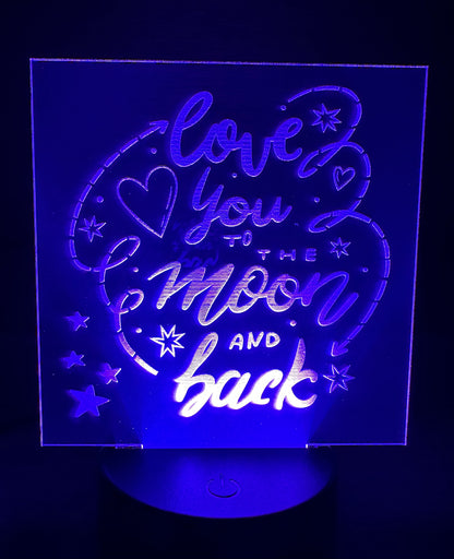 Engraved Acrylic with LED Light Base and Remote Control: To The Moon and Back