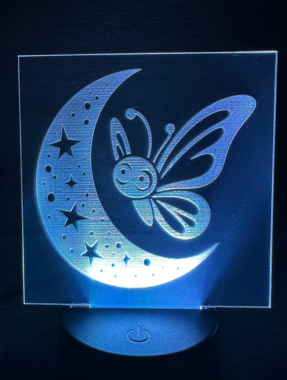 Engraved Acrylic with LED Light Base and Remote Control: Butterfly Moon