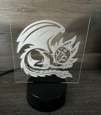 Engraved Acrylic with LED Light Base and Remote Control: Sleepy Dragon