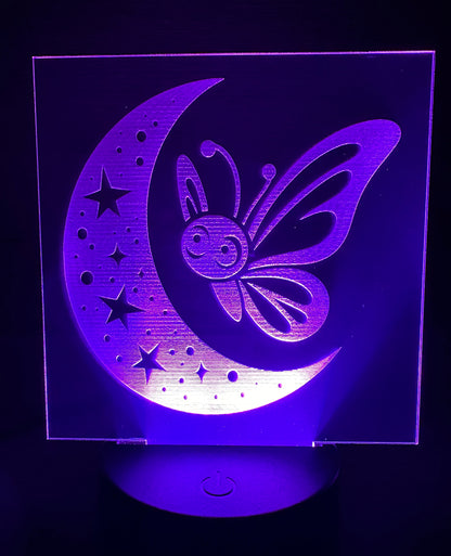 Engraved Acrylic with LED Light Base and Remote Control: Butterfly Moon