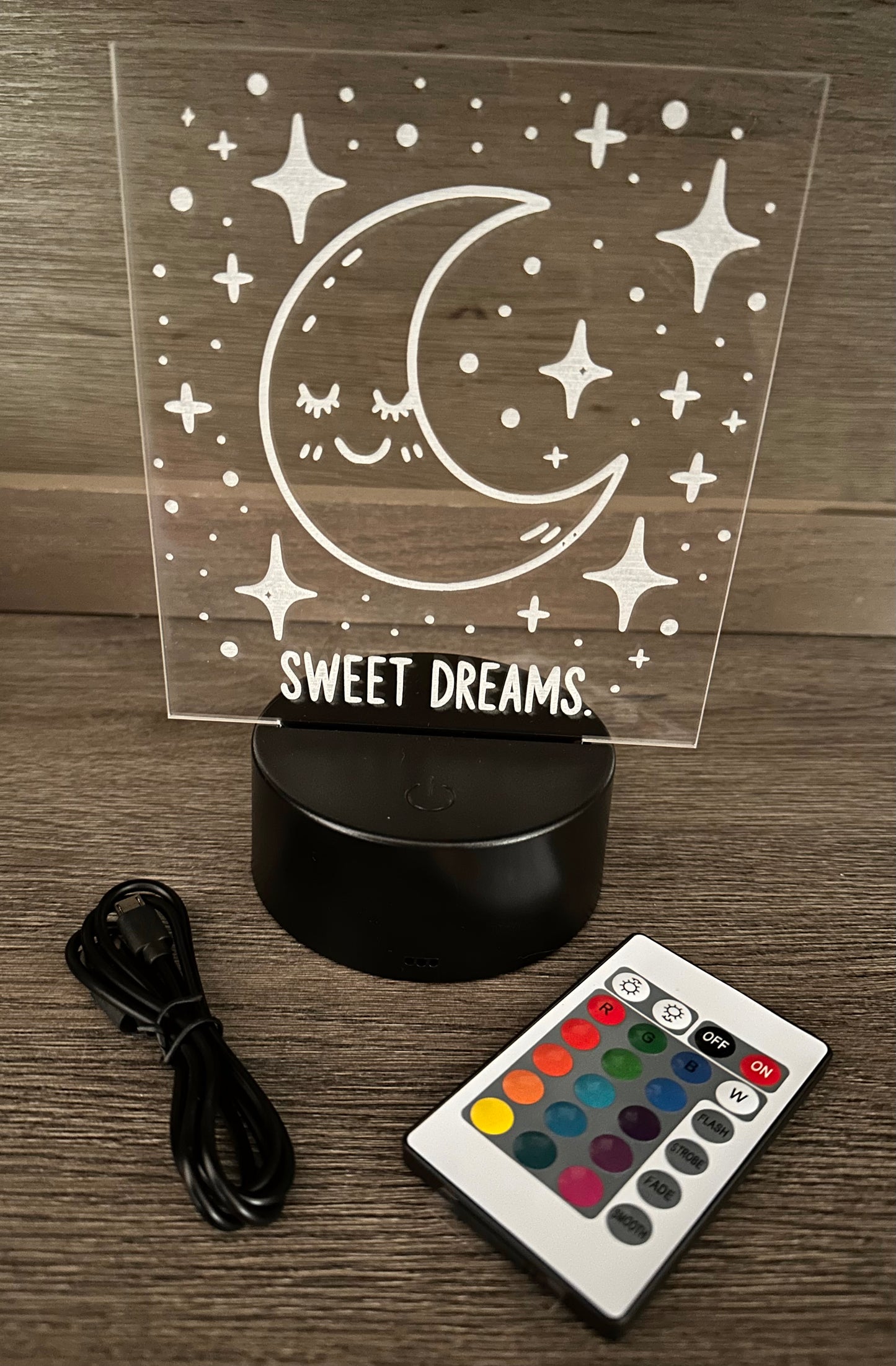 Engraved Acrylic with LED Light Base and Remote Control: Sweet Dreams