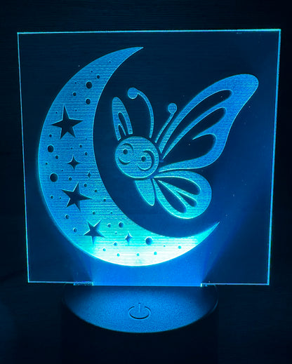 Engraved Acrylic with LED Light Base and Remote Control: Butterfly Moon