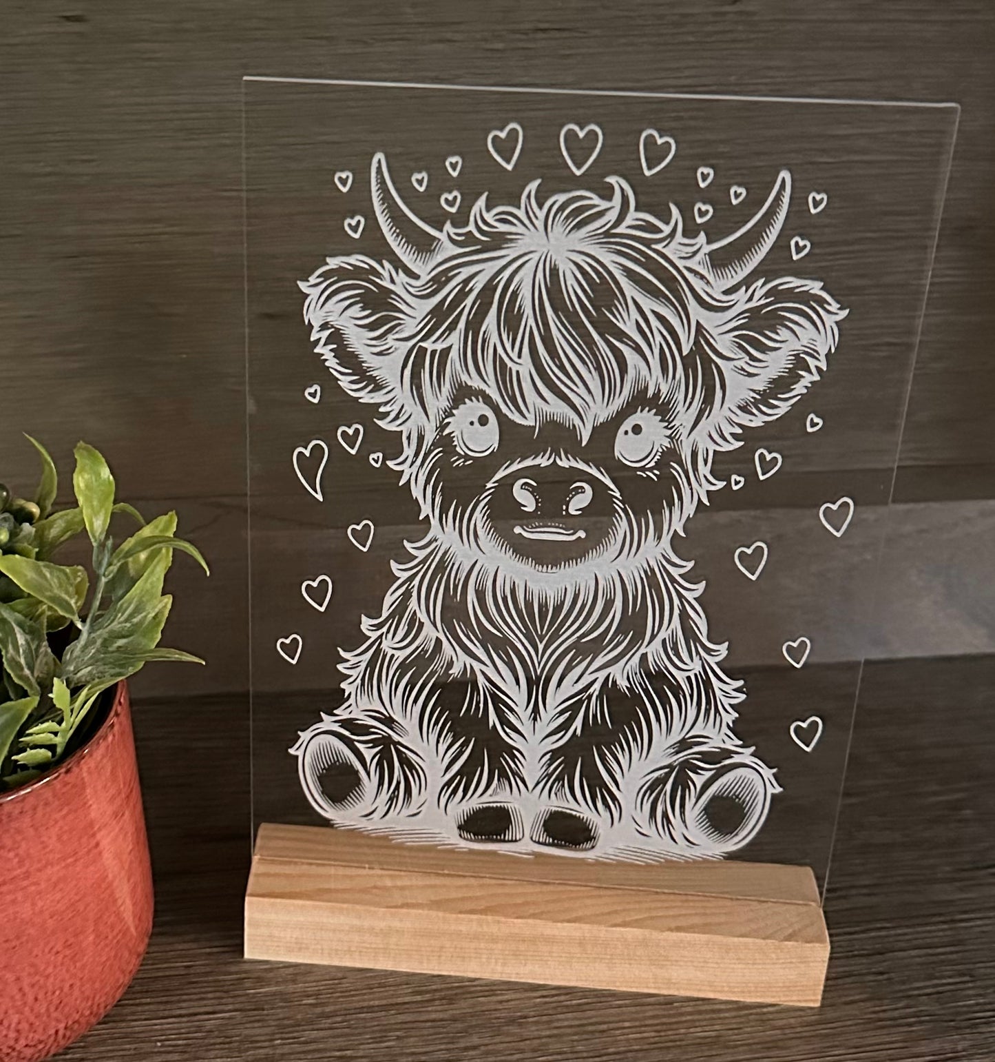 Highland Cow with Hearts Engraved Acrylic with Wooden Base